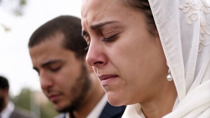 Close-up of grieving Eastern woman in white scarf during ceremony, expressing emotions of farewell