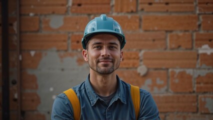 Portrait of a construction worker in workwear against a brick wall background, smiling confidently