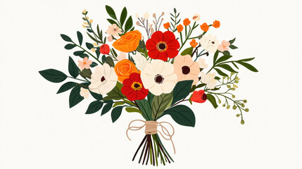 A vibrant floral bouquet featuring red, white, and orange flowers, arranged with lush greenery and delicate accents for a charming, fresh appearance.