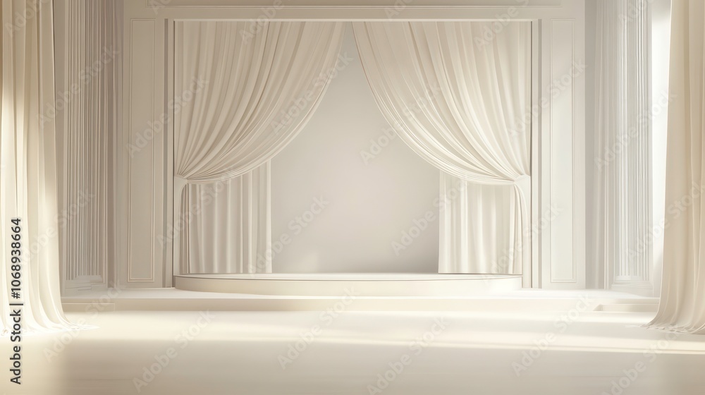 Poster a minimalist stage with white curtains and a circular platform, ideal for performances.