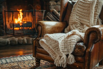 A warm and inviting leather chair is draped with knitted blankets, positioned near a crackling fireplace that creates a cozy atmosphere perfect for a winter evening