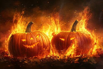 Naklejka premium Three flaming jack-o'-lanterns glowing eerily at night, showcasing Halloween spirit with their fiery designs
