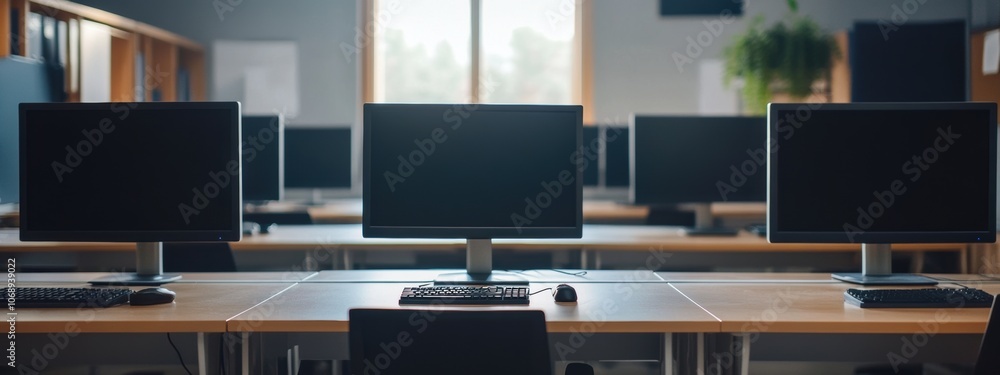 Poster uniform computer monitors aligned on sleek office desks, showcasing a modern workspace filled with p