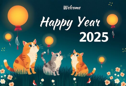 2025 sky welcome Year are whimsical where New scene cats releasing night lanterns into