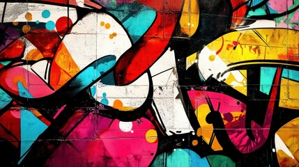 A vibrant graffiti mural featuring bold colors and abstract shapes on a brick wall.