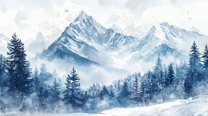 Obraz premium Winter Mountain Landscape in Watercolor