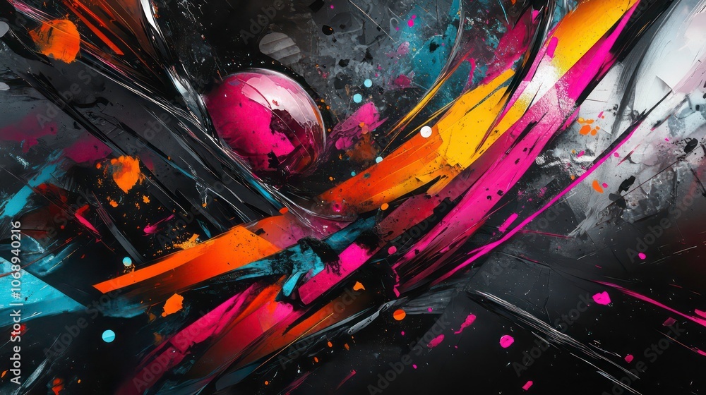 Poster an energetic and dynamic urban aesthetic, created with vibrant abstract graffiti art and bold splash