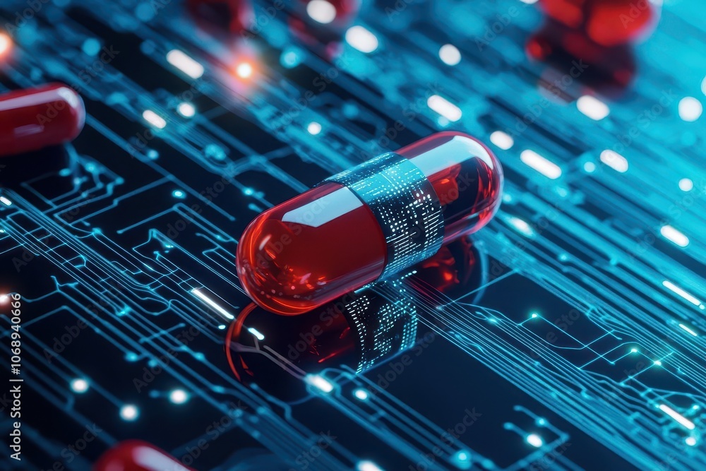 Aufkleber a digital representation of a red capsule on a circuit board, symbolizing the intersection of techno