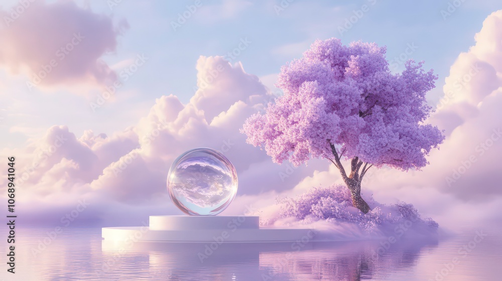 Poster a serene landscape featuring a crystal orb and a blooming tree amidst soft clouds.