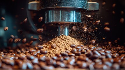 Freshly ground coffee beans cascading from grinder in a cozy café setting