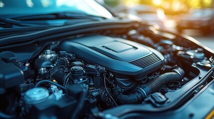 Close-up of Modern Car Engine in Sunset Light