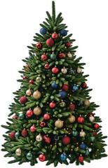 Realistic Christmas Tree with Ornaments, Lights, and Presents - Isolated Transparent Background for Holiday Design - Generative AI