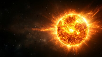 Fiery sun in space with glowing solar flares, cosmic phenomenon