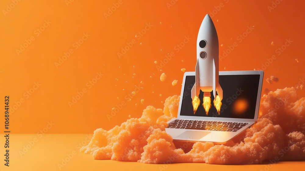 Aufkleber a rocket launching from a laptop, symbolizing innovation and technological advancement.
