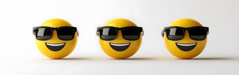 Three Yellow Emoji Figures with Sunglasses in a Row

