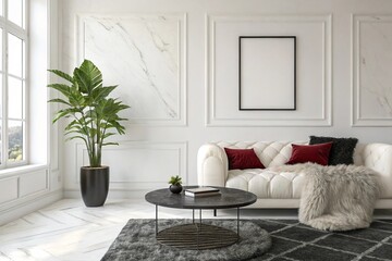 Fototapeta premium Cozy living room with blank black framed photo or logo mock up for presentation