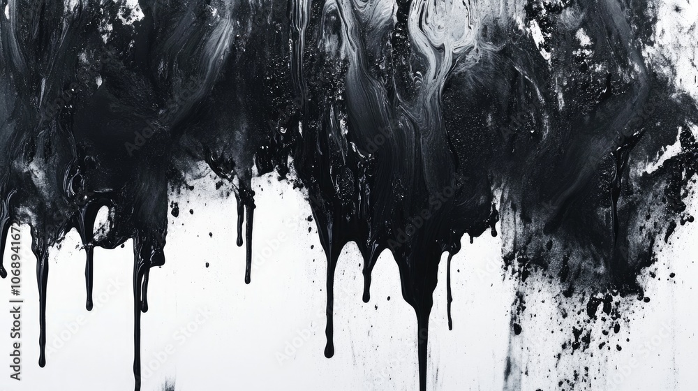 Poster an abstract black and white background with flowing jam and paint drips in charcoal grey, creating a