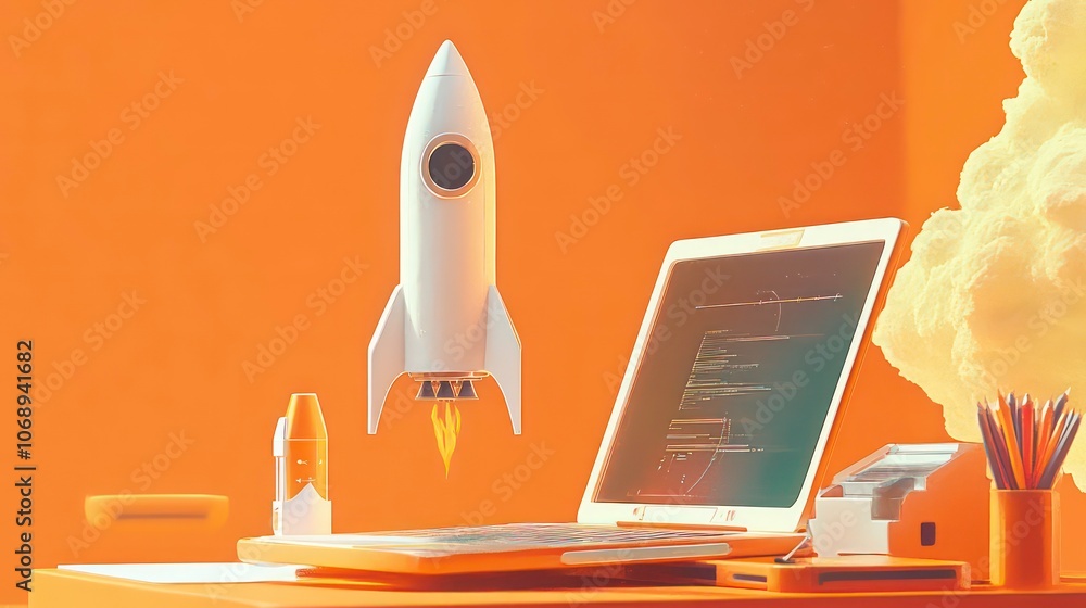 Aufkleber a stylized rocket launching from a desk with a computer, symbolizing innovation and technology.