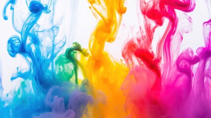 Obraz premium A vibrant, abstract swirl of colorful smoke in shades of blue, green, yellow, and pink against a bright white background.