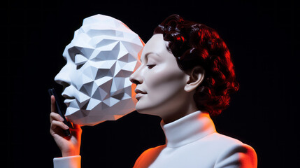 A person in a white suit with a mask symbolizing digital identity, using a smartphone. Modern technologies and anonymity issues