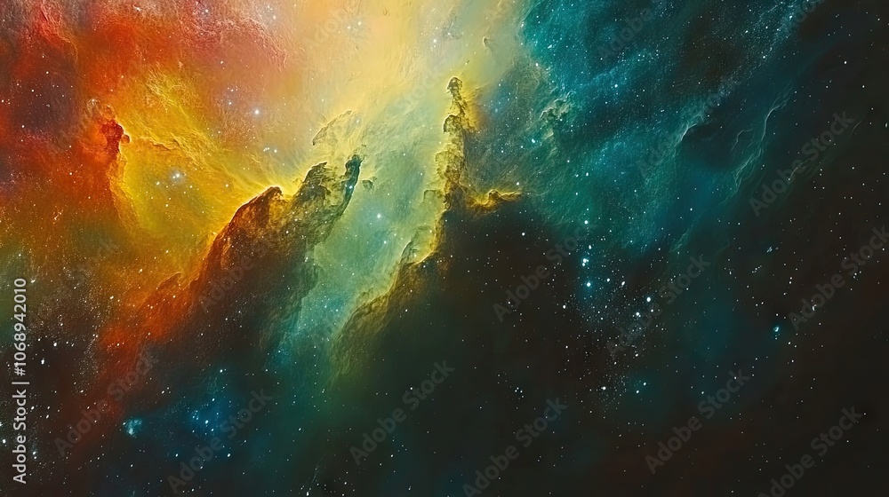 Poster abstract cosmic space and galaxy background with vibrant colors creating a mesmerizing effect. the c