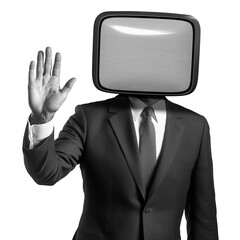 Retro man with television head on red background. Vintage man with television head. Retro collage featuring a man in a suit with a retro TV for a head. Retro collage for presentation. Media commentary