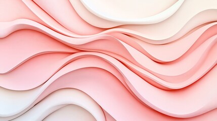 Obraz premium Abstract background with layered curved lines in gradient shades of pink and cream resembling flowing waves or ribbons with a smooth texture and soft pastel color palette.
