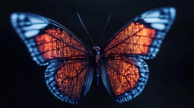 A butterfly with wings filled with binary code, illustrating the connection between business and data