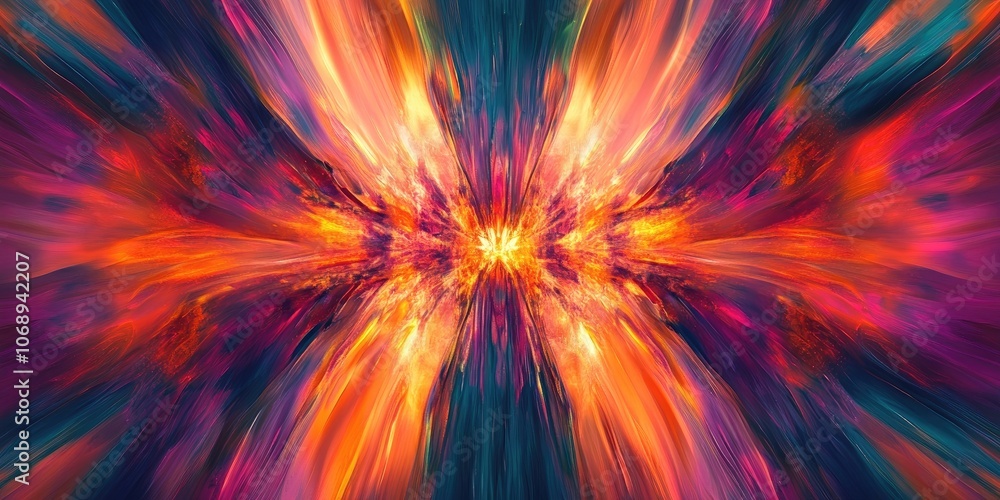 Poster lively and colorful abstract background featuring psychedelic rays, creating an energetic and dynami