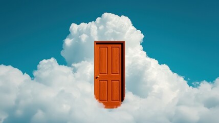 A surreal scene featuring an orange door standing alone amidst fluffy white clouds against a bright blue sky, evoking a sense of possibility and imagination.