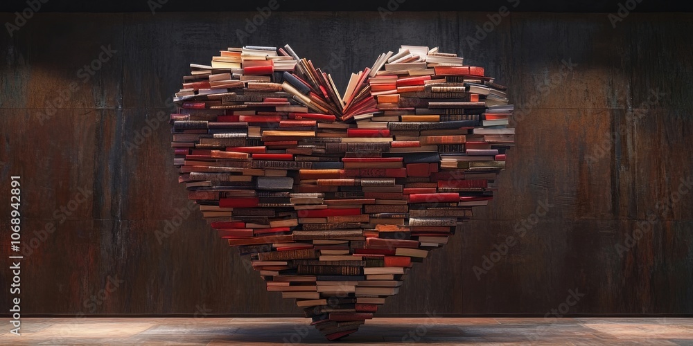 Poster three dimensional visualization of a heart created from books showcases a unique art form. this arti