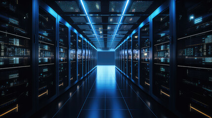 Obraz premium Advanced Data Center Infrastructure in Blue Light