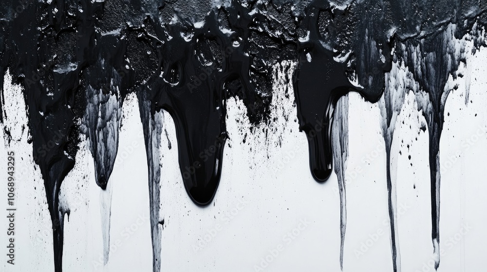 Poster an abstract black and white background with flowing jam and paint drips in charcoal grey, creating a