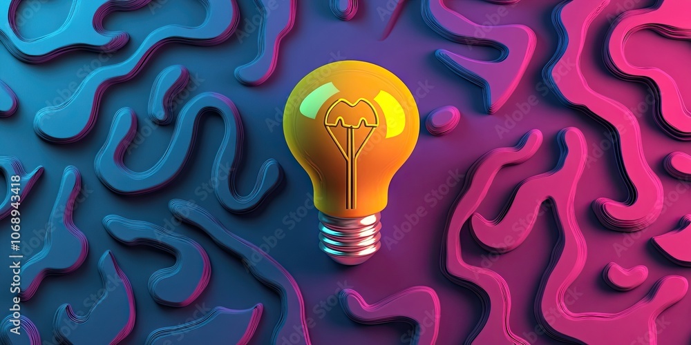 Poster vibrant concept design a 3d light bulb accompanied by vivid questions, all presented in a linear fla