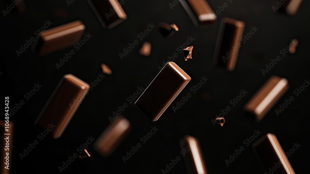 Poster Chocolate bars drop gracefully against a dark background, creating an enticing scene of chocolate bars in motion with ample copy space for design elements.