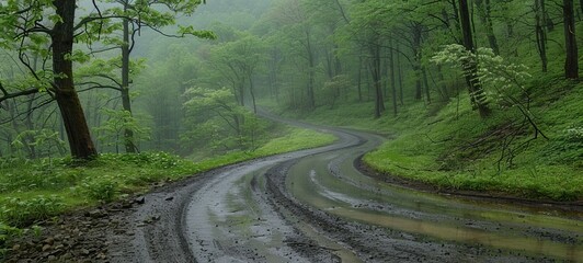 Obraz premium A winding dirt road through a lush green forest, surrounded by trees and mist. 