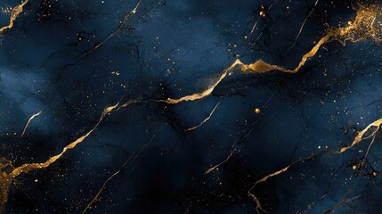 Dark navy blue marble texture background infused with golden accents and bubbles, creating a captivating visual, perfect for elegant design projects or artistic presentations.