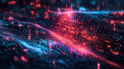 Abstract digital data flow with red and blue glowing lights on black background.