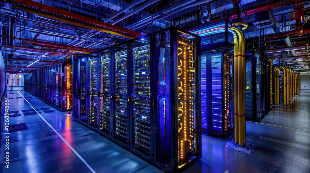 Poster modern data center dedicated to ai high performance computing systems and network equipment.