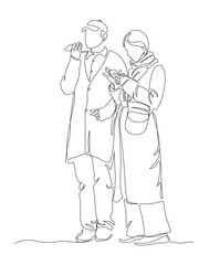Couple standing using phones. Wear warm coats in winter season. Continuous line drawing. Black and white vector illustration in line art style.