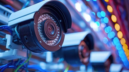 Security cameras installed in a tech environment with colorful lighting at night