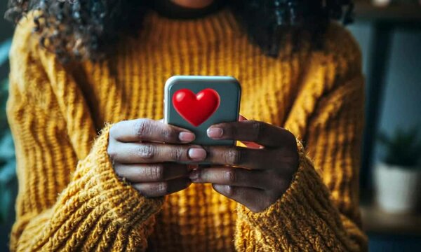 Black woman's hands with a cell phone and a heart symbol. Online dating app