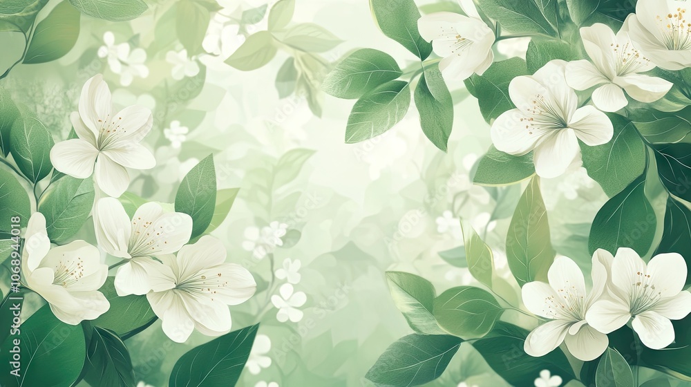 Poster white flowers delicately bloom on a branch surrounded by lush green leaves, creating a serene and re