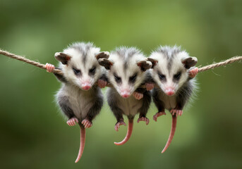Sweet opossum babies are swinging like ornaments from the wire