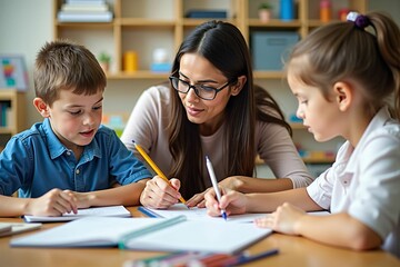 Smiling Teacher Guiding Young Children in Fun Educational Activities in a Bright Classroom Setting