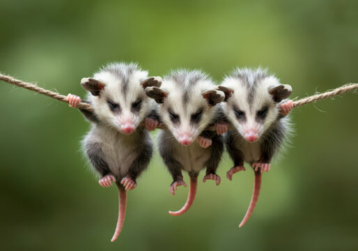 Sweet opossum babies are swinging like ornaments from the wire