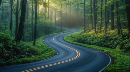 Fototapeta premium A winding road through a lush green forest, with sunlight filtering through the trees. The scene is serene and tranquil, showcasing vibrant foliage and a misty atmosphere.
