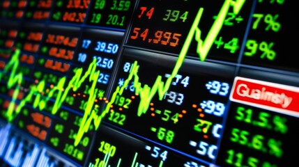 Fototapeta premium Close-up of digital stock market screen showing dividend stock graph with upward trend line,symbolizing financial growth and investment success