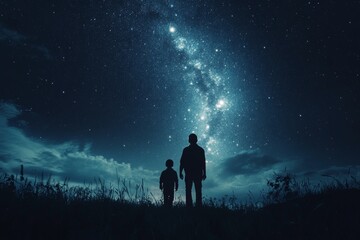 Fototapeta premium Father and Son Silhouettes Under Night Sky with Milky Way