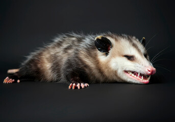 Obraz premium The opossum plays dead. The opossum is pretending to be dead. feigns death. Acting as if it's dead
